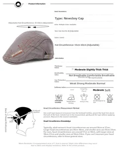 Size guide for gray cotton denim flat cap with adjustable strap and wash instructions