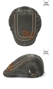 Detailed top and side views of vintage washed grey cotton flat cap with W embroidery