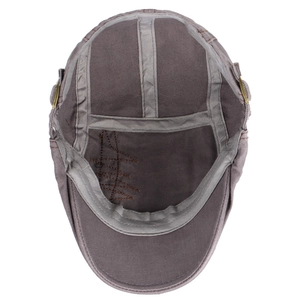 Deep grey-brown cotton flat cap internal view with reinforced webbing and sweatband