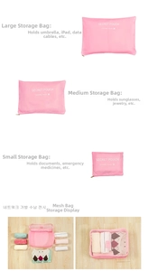 Pink waterproof travel organizer set showing three sizes for clothes and accessories