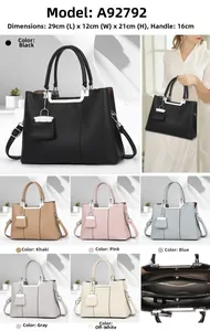 Detailed view of women's tote bag size specs and interior structure with 6 colors