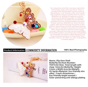 Detail showing crystal butterfly keychain with colorful Czech rhinestones and zinc alloy base