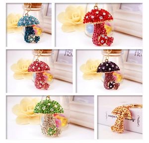 Detailed macro view of crystal rhinestone mushroom keychains in six vibrant colors