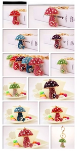 Detailed views of mushroom rhinestone keychains in various colors with gold finish