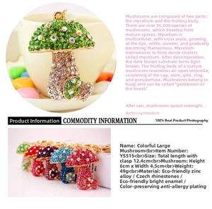 Detailed size view of colorful rhinestone mushroom keychain in zinc alloy and enamel
