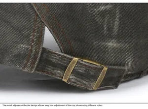 Detail of adjustable bronze metal buckle and dark grey washed canvas on back of cap