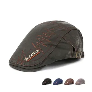 Men Retro Washed Cotton Flat Cap Adjustable Metal Buckle Vintage Ivy Newsboy Hat Short Brim Zigzag Embroidery Casual