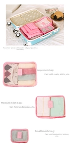 Detailed pink travel organizer set including mesh bags for clothes and toiletry pouches