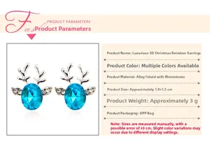 Detail view of silver reindeer stud earrings featuring a blue faceted crystal and zircon