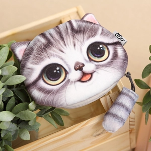 Creative 3D cat print plush coin purse with cute tail zipper and realistic kitten face