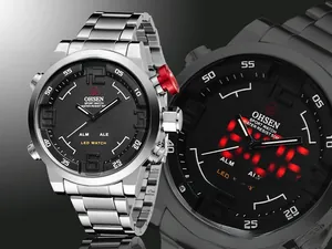 Detail of waterproof quartz watch with analog-digital display and stainless steel band