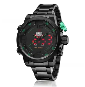 Close-up of OHSEN dual-display men's sport watch with red LED and green crown