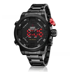 Detail of sports watch with dual display, red LED digits and large metal crown