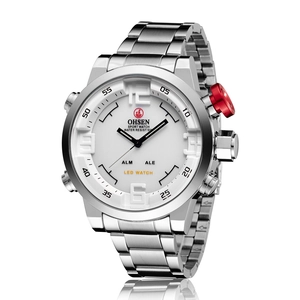 Orologio sportivo argento in acciaio con doppio display al quarzo LED e tasti rossi
