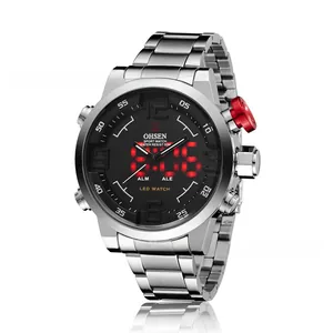 Macro detail of OHSEN men's dual display watch with stainless steel band and red LED