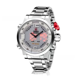 Detail view of OHSEN dual-display sport watch with 50m waterproof steel band
