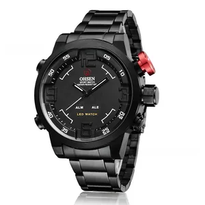 Detail of matte black dual-movement sports watch with LED display and red buttons
