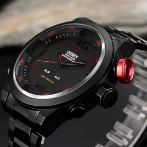 OHSEN rugged black sports watch with dual display and red accents on a metal strap