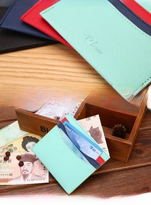 Slim cross-grain leather card holder with multi-color contrast design and 6 card slots