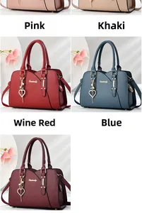 Collage of leather handbags in various colors like pink and wine red with heart pendant