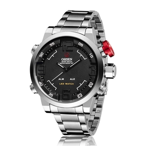 Orologio sportivo da uomo con cinturino in acciaio argento e doppio display LED