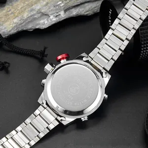 Detail view of OHSEN AD1608 watch case back with 3 ATM water resistance and red button