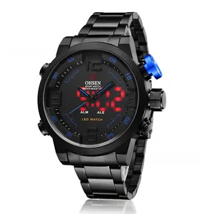 Detail of OHSEN men's sports watch with black metal strap and 50M water resist feature