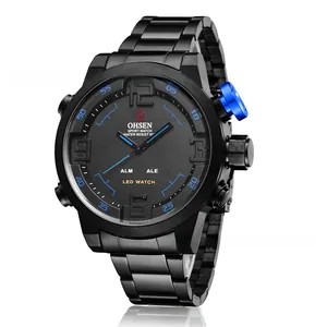 Close-up of dual-display sports watch dial with blue accents and LED functional icons
