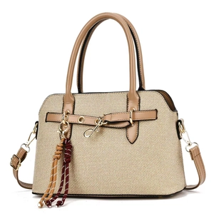 Sac À Main Pour Femme En Cuir PU Toile Tissée Couleur Contrastée Sac À Épaule Bandoulière Avec Pendentif À Pompon Tendance