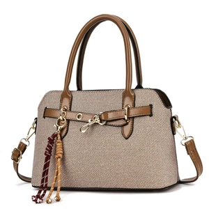 Sac à main élégant pour femme en toile kaki avec garniture en cuir brun et gland
