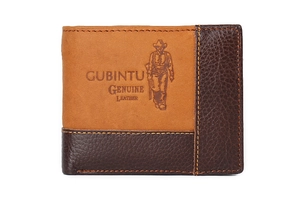 Dettaglio del portafoglio in pelle bicolore con motivo cowboy impresso e cuciture a contrasto