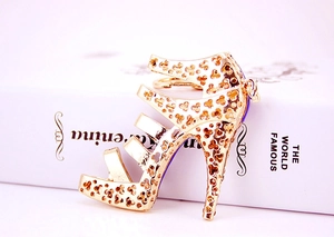 Detail view of a golden high heel keychain with hollow design and inlaid sparkling rhinestones
