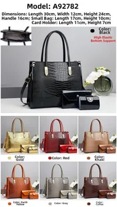 Three-piece crocodile pattern patent leather handbag set showing detailed size specifications