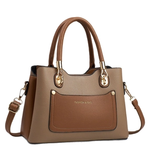Women's stylish khaki contrast tote bag with lychee texture and detachable shoulder strap