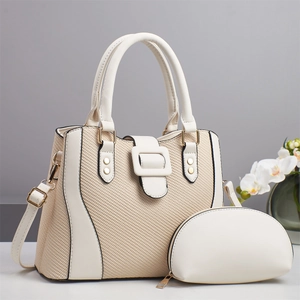 Elegant beige fabric and cream leather tote bag set with gold hardware for women