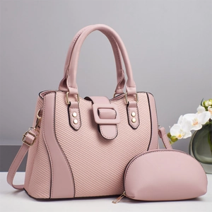 Pink patchwork tote bag set with metal buckle and shoulder strap for elegant women