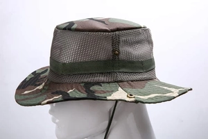 Detail of woodland camouflage outdoor boonie hat with breathable mesh and adjustable chin strap