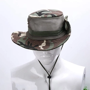 Detail view of camouflage sun hat featuring breathable mesh panel and adjustable chin strap