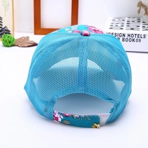 Rear view of mesh baseball cap with lake blue crown and floral adjustable velcro strap