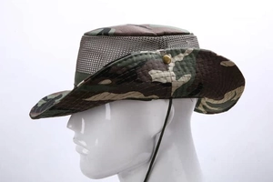 Detail of camo sun hat with breathable mesh panels and adjustable green drawstring