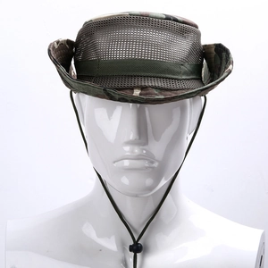 Detail of camouflage tactical sun hat with breathable mesh and adjustable wind rope