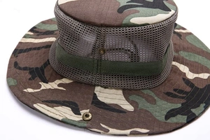 Detail of camouflage sun hat featuring breathable mesh sides and metallic side snaps
