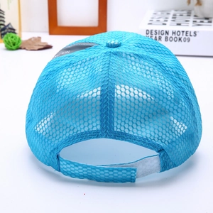 Rear view of breathable bright blue mesh baseball cap with adjustable strap