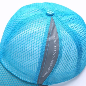 Macro shot of sky blue breathable mesh hat with reflective trim and sports logo print