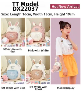 Detail view of mini rabbit backpack dimensions 16x13x19cm with plush charm and pattern strap