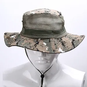 Detail of digital camo boonie hat featuring breathable mesh top and adjustable chin strap