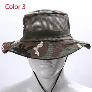 Detail of jungle camo boonie hat featuring green mesh vents and adjustable chin strap