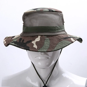 Breathable jungle camouflage boonie hat with mesh panels and adjustable chin strap