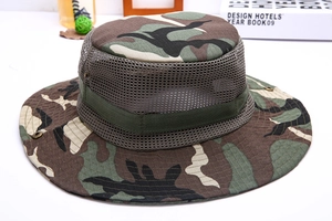 Close-up of jungle camo sun hat featuring breathable mesh layer and wide brim with snaps
