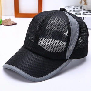 Breathable black mesh baseball cap with reflective side tape for outdoor sports